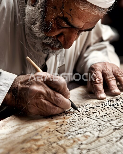 العمل بجد وإتـقان، استخدام أدوات الحبر والورق التقليدية، مهن وحرف يدوية في المملكة العربية السعودية، فنون التخطيط والزخارف الإسلامية، صورة مقربة لخطاط سعودي يرتدي الزي التقليدي يقوم بالكتابة بالخط العربي