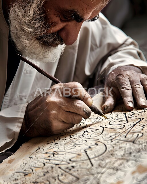 استخدام أدوات الحبر والورق التقليدية، مهن وحرف يدوية في المملكة العربية السعودية، فنون التخطيط والزخارف الإسلامية، صورة مقربة لخطاط سعودي يرتدي الزي التقليدي يقوم بالكتابة بالخط العربي، العمل بجد وإتـقان