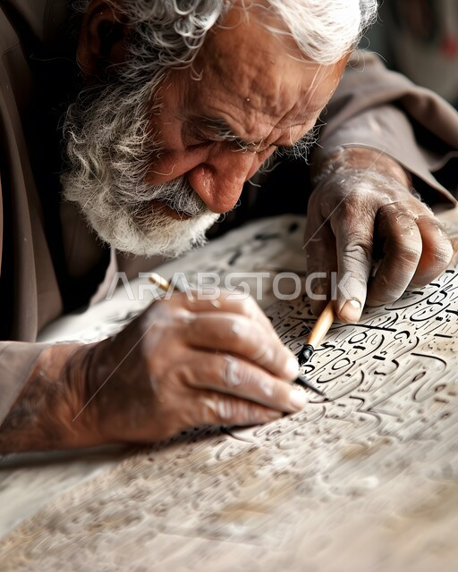 مهن وحرف يدوية في المملكة العربية السعودية، فنون التخطيط والزخارف الإسلامية، صورة مقربة لخطاط سعودي يرتدي الزي التقليدي يقوم بالكتابة بالخط العربي، استخدام أدوات الحبر والورق التقليدية، العمل بجد وإتـقان