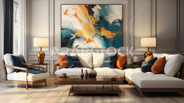 اكسسوارات وتحف عصرية، التصاميم الداخلية لغرف الجلوس المريحة على الطراز الحديث، غرفة معيشة بألوان متناصقة مع أثاث منزلي فاخر، الديكورات الداخلية الراقية للفلل والشقق السكنية في المملكة العربية السعودية