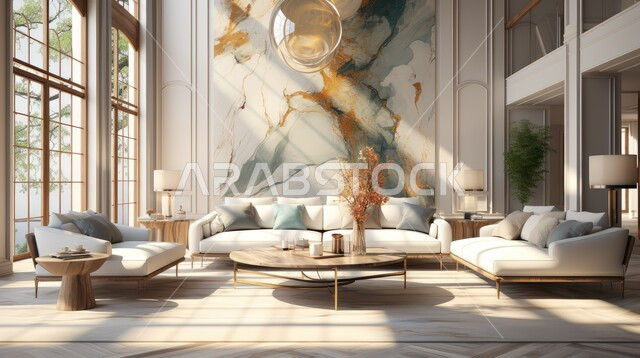 اكسسوارات وتحف عصرية، التصاميم الداخلية لغرف الجلوس المريحة على الطراز الحديث، غرفة معيشة بألوان متناصقة مع أثاث منزلي فاخر، الديكورات الداخلية الراقية للفلل والشقق السكنية في المملكة العربية السعودية