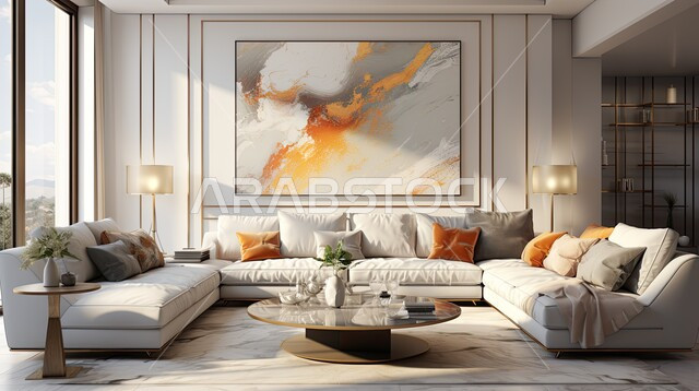 التصاميم الداخلية لغرف الجلوس المريحة على الطراز الحديث, اكسسوارات وتحف عصرية، غرفة معيشة بألوان متناصقة مع أثاث منزلي فاخر، الديكورات الداخلية الراقية للفلل والشقق السكنية في المملكة العربية السعودية