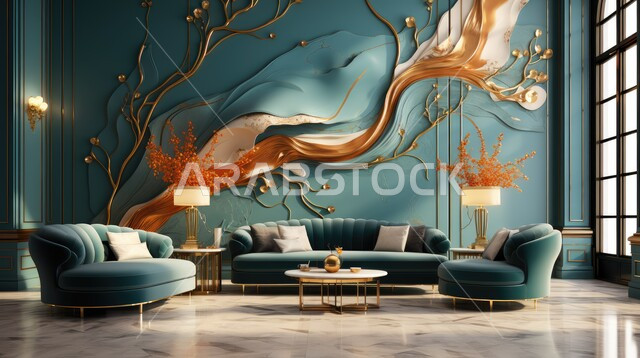 High-end interior decoration for villas and residential apartments in the Kingdom of Saudi Arabia, interior designs for comfortable living rooms in a modern style, modern accessories and antiques, a living room in harmonious colors with luxurious home furniture