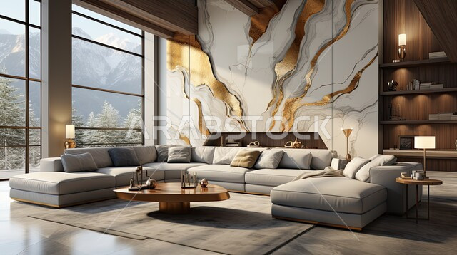 الديكورات الداخلية الراقية للفلل والشقق السكنية في المملكة العربية السعودية, التصاميم الداخلية لغرف الجلوس المريحة على الطراز الحديث, اكسسوارات وتحف عصرية، غرفة معيشة بألوان متناصقة مع أثاث منزلي فاخر