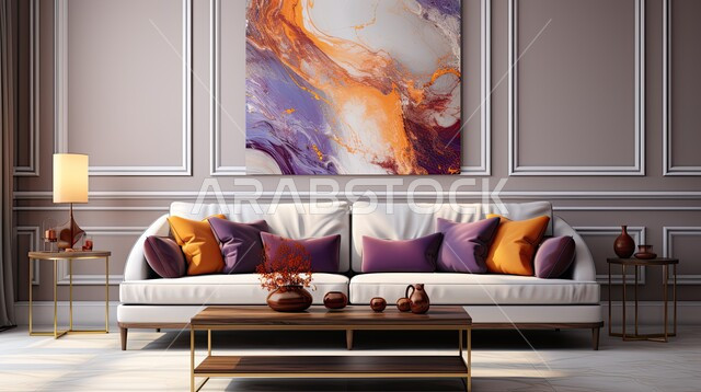 الديكورات الداخلية الراقية للفلل والشقق السكنية في المملكة العربية السعودية, التصاميم الداخلية لغرف الجلوس المريحة على الطراز الحديث, اكسسوارات وتحف عصرية، غرفة معيشة بألوان متناصقة مع أثاث منزلي فاخر