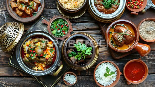 Oriental food recipes, a picture of a table full of distinctive types and shapes of food, oriental food in restaurants in the Kingdom of Saudi Arabia, the art of serving and preparing meals, the concept of decorating and arranging a feast, healthy popular dishes.