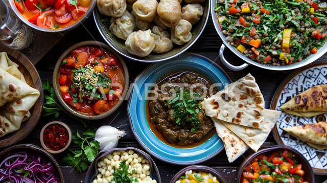 Oriental food recipes, a picture of a table full of distinctive types and shapes of food, oriental food in restaurants in the Kingdom of Saudi Arabia, the art of serving and preparing meals, the concept of decorating and arranging a feast, healthy popular dishes.