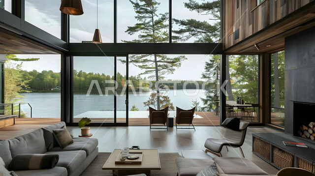 ديكورات داخليه متميزة على الطراز الحديث، غرف جلوس بأثاث منزلي مريح، الشقق والفلل لسكنية، النوافذ والواجهات الزجاجية المطلة على الطبيعة الخضراء، ديكور داخلي من الخشب لشقة سكنية مطلة على الاشجار
