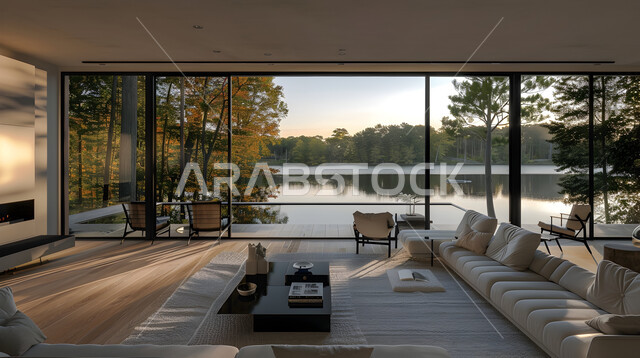 ديكورات داخليه متميزة على الطراز الحديث، غرف جلوس بأثاث منزلي مريح، الشقق والفلل لسكنية، النوافذ والواجهات الزجاجية المطلة على الطبيعة الخضراء، ديكور داخلي من الخشب لشقة سكنية مطلة على الاشجار