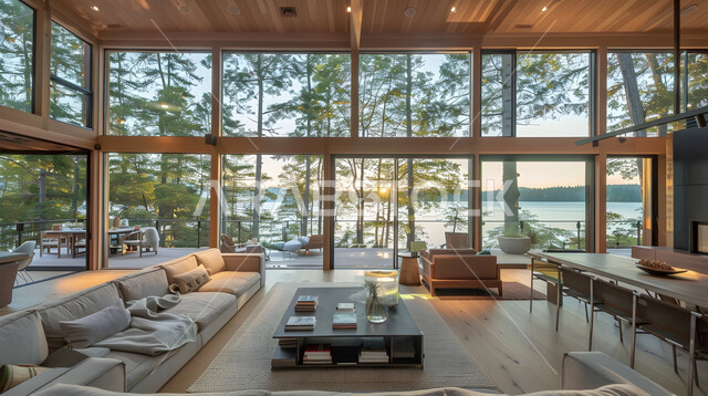 ديكورات داخليه متميزة على الطراز الحديث، غرف جلوس بأثاث منزلي مريح، الشقق والفلل لسكنية، النوافذ والواجهات الزجاجية المطلة على الطبيعة الخضراء، ديكور داخلي من الخشب لشقة سكنية مطلة على الاشجار