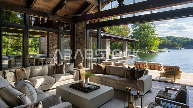 غرف جلوس بأثاث منزلي مريح، ديكورات داخليه متميزة على الطراز الحديث، الشقق والفلل لسكنية، النوافذ والواجهات الزجاجية المطلة على الطبيعة الخضراء، ديكور داخلي من الخشب لشقة سكنية مطلة على الاشجار