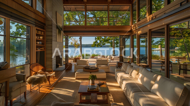 غرف جلوس بأثاث منزلي مريح، ديكورات داخليه متميزة على الطراز الحديث، الشقق والفلل لسكنية، النوافذ والواجهات الزجاجية المطلة على الطبيعة الخضراء، ديكور داخلي من الخشب لشقة سكنية مطلة على الاشجار