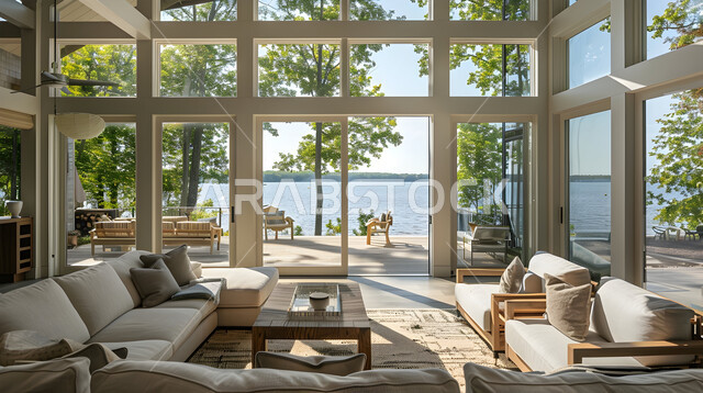 غرف جلوس بأثاث منزلي مريح، ديكورات داخليه متميزة على الطراز الحديث، الشقق والفلل لسكنية، النوافذ والواجهات الزجاجية المطلة على الطبيعة الخضراء، ديكور داخلي من الخشب لشقة سكنية مطلة على الاشجار