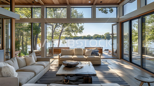 النوافذ والواجهات الزجاجية المطلة على الطبيعة الخضراء، غرف جلوس بأثاث منزلي مريح، ديكورات داخليه متميزة على الطراز الحديث، الشقق والفلل لسكنية، ديكور داخلي من الخشب لشقة سكنية مطلة على الاشجار