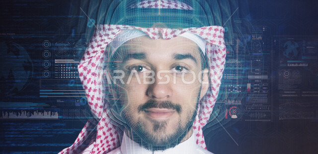 صورة مقربة لوجه رجل عربي خليجي سعودي يبتسم محاطة بأمواج رقمية و شبكية بتقنية الهولوجرام ، استخدام تقنية الهولوجرام ثلاثية الأبعاد .