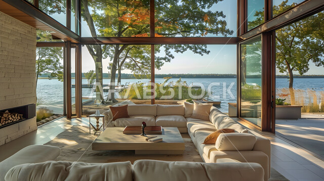 النوافذ والواجهات الزجاجية المطلة على الطبيعة الخضراء، غرف جلوس بأثاث منزلي مريح، ديكورات داخليه متميزة على الطراز الحديث، الشقق والفلل لسكنية، ديكور داخلي من الخشب لشقة سكنية مطلة على الاشجار