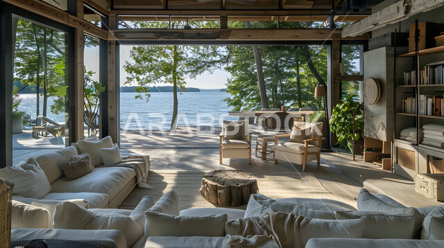 النوافذ والواجهات الزجاجية المطلة على الطبيعة الخضراء، غرف جلوس بأثاث منزلي مريح، ديكورات داخليه متميزة على الطراز الحديث، الشقق والفلل لسكنية، ديكور داخلي من الخشب لشقة سكنية مطلة على الاشجار