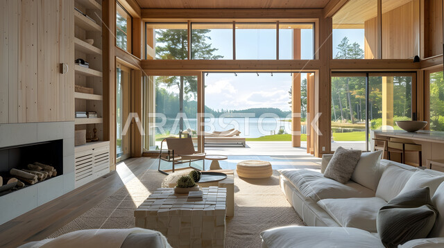 النوافذ والواجهات الزجاجية المطلة على الطبيعة الخضراء، غرف جلوس بأثاث منزلي مريح، ديكورات داخليه متميزة على الطراز الحديث، الشقق والفلل لسكنية، ديكور داخلي من الخشب لشقة سكنية مطلة على الاشجار