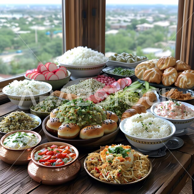 الأطباق العربية الشرقية، مائدة مليئة بالوجبات المتنوعة، سفرة من الأكلات الشعبية الشهية على طاولة خشبية مطلة على الطبيعة, وصفات وأصناف الطعام الصحية و المقبلات التقليدية, المخبوزات والمعجنات الطازجة