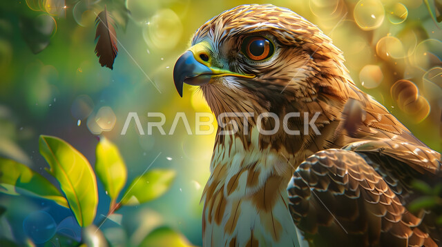 تربية وتدريب الطيور الجارحة، رحلات الصيد في المملكة العربية السعودية، صورة مقربة لطائر الصقر، فن ترويض الطيور المفترسة، صقر مفترس ذو نظر ثاقب حاد، ترسيخ القيم والعادات العربية الأصيلة