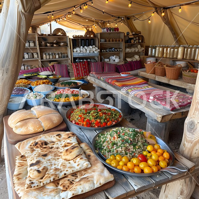 المخبوزات والمعجنات الطازجة، مائدة مليئة بالوجبات المتنوعة، سفرة من الأكلات الشهية على طاولة خشبية داخل خيمة شعبية, وصفات وأصناف الطعام الصحية و المقبلات الباردة والسلطات، مطبخ على التراث التقليدي الشعبي