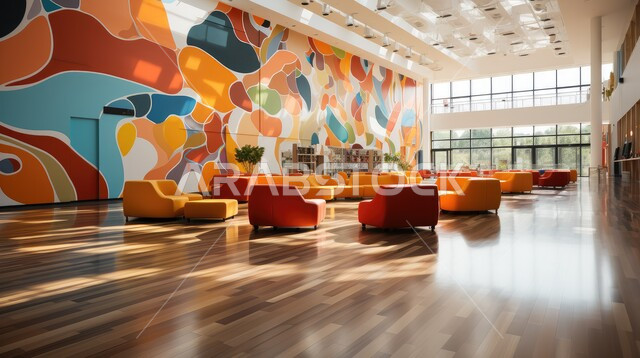 Office furniture in different and harmonious colors, study tables and desks with modern decorations and designs, modern and sophisticated design, cultural places, halls and wooden classrooms in the Kingdom of Saudi Arabia.