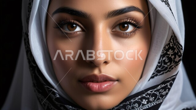 Love of taking care of one's appearance, modern hijabs with elegant designs, close-up portrait of a veiled Saudi Arabian Gulf woman's face looking at the camera with gestures of strength and self-confidence, the concept of femininity and softness, black background