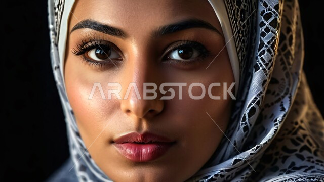حب الاهتمام بالمظهر الخارجي، حجابات عصرية ذات تصاميم أنيقة، بورتريه مقرب لوجه امرأة عربية خليجية سعودية محجبة تنظر للكاميرا بإيماءات القوة والثقة بالنفس، مفهوم الأنوثة والنعومة، خلفية سوداء