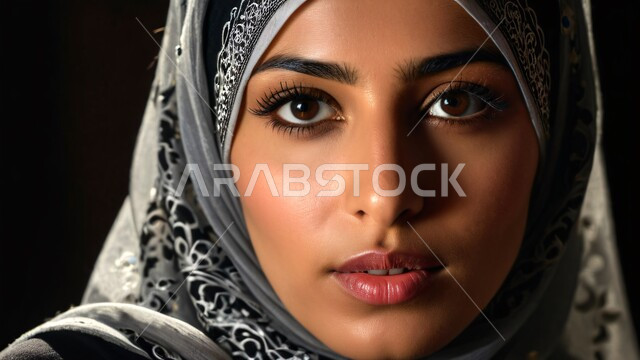 حب الاهتمام بالمظهر الخارجي، حجابات عصرية ذات تصاميم أنيقة، بورتريه مقرب لوجه امرأة عربية خليجية سعودية محجبة تنظر للكاميرا بإيماءات القوة والثقة بالنفس، مفهوم الأنوثة والنعومة، خلفية سوداء