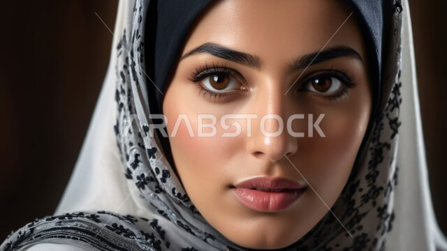 حب الاهتمام بالمظهر الخارجي، حجابات عصرية ذات تصاميم أنيقة، بورتريه مقرب لوجه امرأة عربية خليجية سعودية محجبة تنظر للكاميرا بإيماءات القوة والثقة بالنفس، مفهوم الأنوثة والنعومة، خلفية سوداء