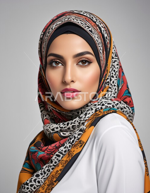 الاهتمام بالموضة والأناقة، مفهوم الأنوثة والنعومة، الاعتناء بالمظهر الخارجي، بورتريه لامرأة عربية خليجية سعودية محجبة ترتدي ملابس كاجوال تنظر للكاميرا بإيماءات البشاشة والثقة بالنفس، ملابس نسائية بتصاميم عصرية أنيقة، خلفية رمادية