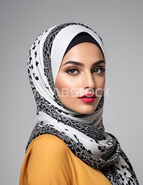 الاهتمام بالموضة والأناقة، مفهوم الأنوثة والنعومة، الاعتناء بالمظهر الخارجي، بورتريه لامرأة عربية خليجية سعودية محجبة ترتدي ملابس كاجوال تنظر للكاميرا بإيماءات البشاشة والثقة بالنفس، ملابس نسائية بتصاميم عصرية أنيقة، خلفية رمادية