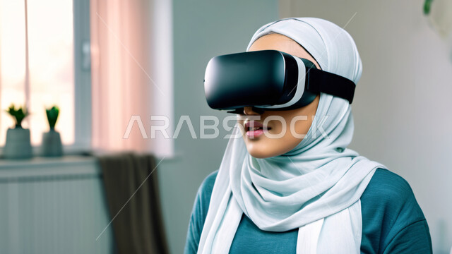 الاستمتاع في قضاء الأوقات الترفيهية، استخدام تقنيات حديثة الكترونية وأجهزة تكنولوجية، شابة عربية خليجية سعودية محجبة تضع نظارات الفي آر ثلاثية الابعاد، الاندماج والتفاعل مع العالم الافتراضي