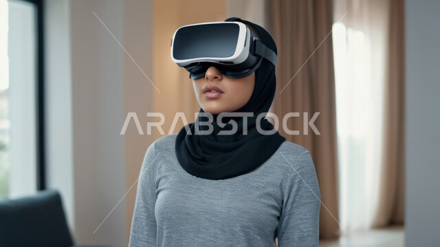 الاستمتاع في قضاء الأوقات الترفيهية، استخدام تقنيات حديثة الكترونية وأجهزة تكنولوجية، شابة عربية خليجية سعودية محجبة تضع نظارات الفي آر ثلاثية الابعاد، الاندماج والتفاعل مع العالم الافتراضي