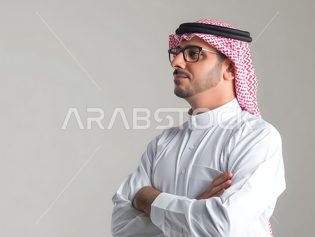 Elegance and interest in appearance, the concept of handsomeness and masculinity, close-up portrait of a smiling Saudi Arabian Gulf man wearing glasses, a traditional shemagh and thobe, standing with crossed hands in gestures of self-confidence, gray background