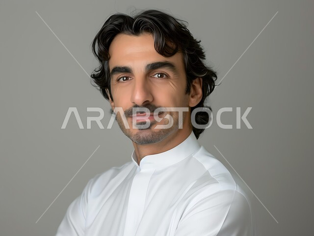 The concept of handsomeness and masculinity, elegance and interest in external appearance, taking personal photos for official documents, close-up portrait of a smiling Saudi Arabian Gulf man wearing traditional dress looking at the camera with expressions of pleasure and self-confidence, gray background