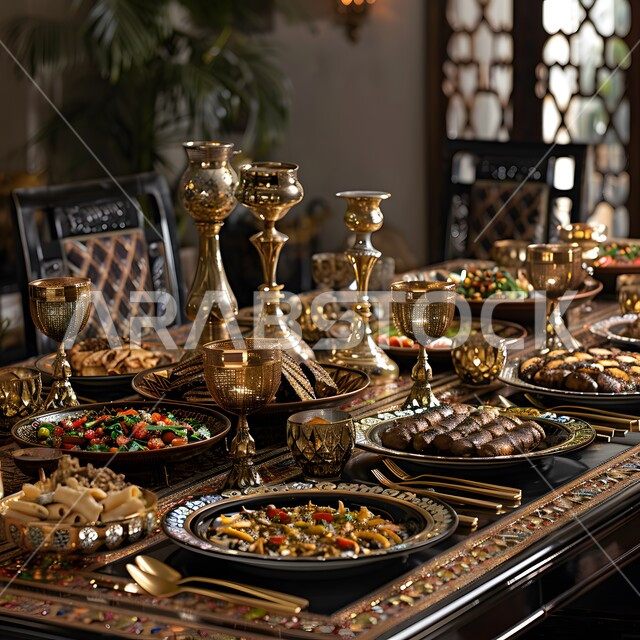 أصناف الأطباق والمقبلات العربية الشرقية اللذيذة، أجواء شهر رمضان المبارك، سفرة من المأكولات الشعبية التقليدية الشهية، المطاعم والمطابخ في المملكة العربية السعودية، طاولة طعام مليئة بالوجبات المتنوعة الرمضانية، العزائم والولائم في الأعياد والمناسبات