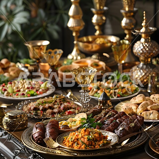  سفرة من المأكولات الشعبية التقليدية الشهية، المقبلات والأطباق والأصناف العربية الشرقية اللذيذة، أجواء شهر رمضان المبارك، العزائم والولائم في الأعياد والمناسبات الإسلامية، مائدة طعام مليئة بالوجبات المتنوعة الرمضانية