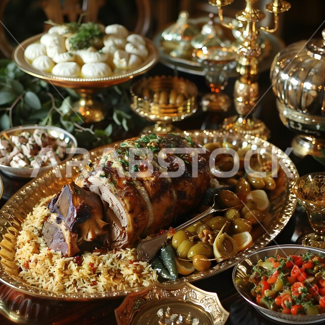 Bukhari rice seasoned with spices, traditional Arabic dishes and various popular dishes, a plate of mandi rice with pieces of meat decorated with parsley and lemon slices, delicious food recipes, Saudi Gulf restaurants for oriental foods, healthy meals rich in protein