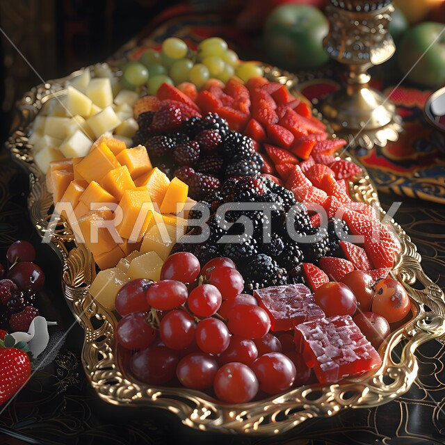 وجبات خفيفة باردة منعشة في فصل الصيف، فنون تقديم وترتيب الأطباق، صينية طعام مليئة بقطع الفاكهة الموسمية المتنوعة، محاصيل وثمار وطنية محلية سعودية، أطعمة غنية بالفيتامينات، مأكولات مفيدة وصحية