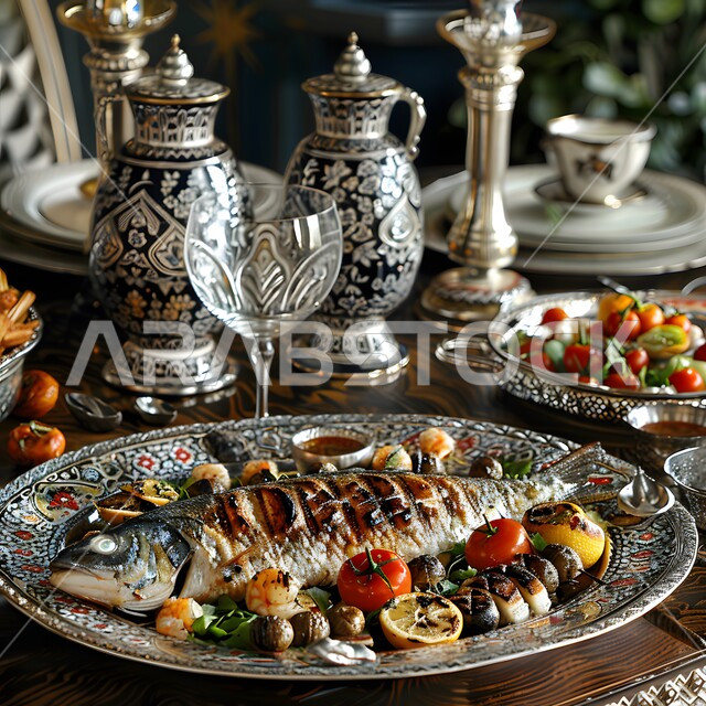 طبق السمك المشوي اللذيذ مع الخضراوات الطازجة والليمون، أكلات عربية تقليدية، صفات طعام لذيذة، الوجبات الصحية الشهية، مطاعم للمأكولات العربية الشرقية في المملكة العربية  السعودية، فن تزيين وتقديم الأطباق