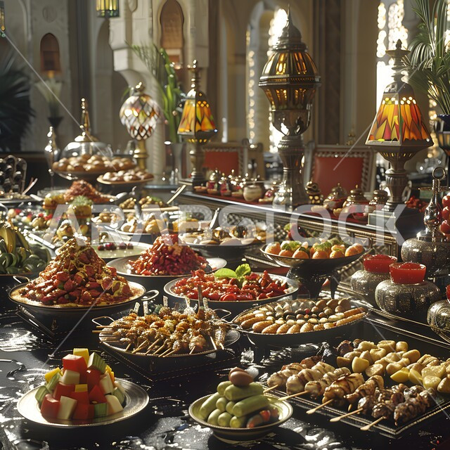 العزائم والولائم في الأعياد والمناسبات الإسلامية، المقبلات والأطباق والأصناف العربية الشرقية اللذيذة، مائدة طعام مليئة بالوجبات المتنوعة الرمضانية، سفرة من المأكولات الشعبية التقليدية الشهية، فنون  تقديم الطعام في مطاعم المملكة العربية السعودية