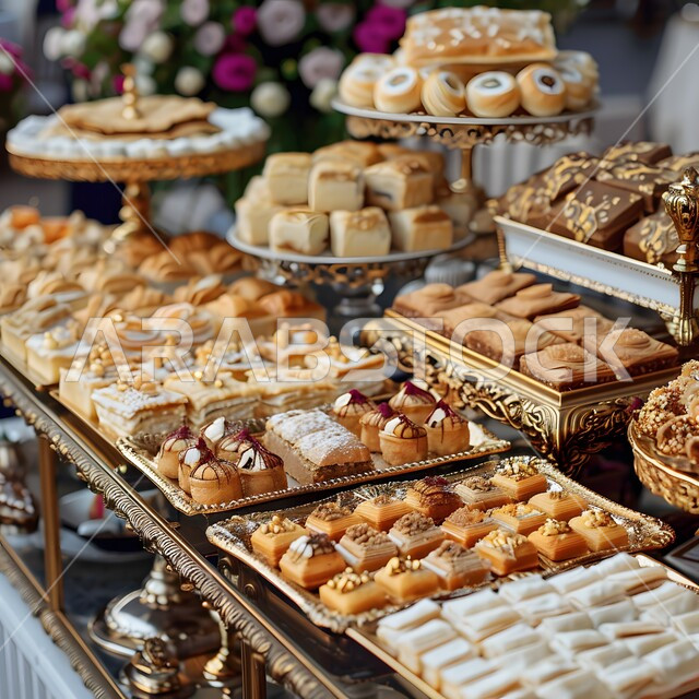 أطباق وأصناف متنوعة من التسالي وقطع الحلوى الشهية، أطعمة ومأكولات مليئة بالسكريات والسعرات الحرارية، فنون تقديم الطعام في مطاعم المملكة العربية السعودية، حلى العيد السعودي بالفستق والمكسرات, ضيافة رمضانية لذيذة من الحلويات العربية الشرقية