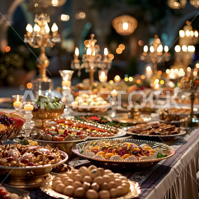 العزائم والولائم في الأعياد والمناسبات الإسلامية، المقبلات والأطباق والأصناف العربية الشرقية اللذيذة، مائدة طعام مليئة بالوجبات المتنوعة الرمضانية، سفرة من المأكولات الشعبية التقليدية الشهية، فنون  تقديم الطعام في مطاعم المملكة العربية السعودية