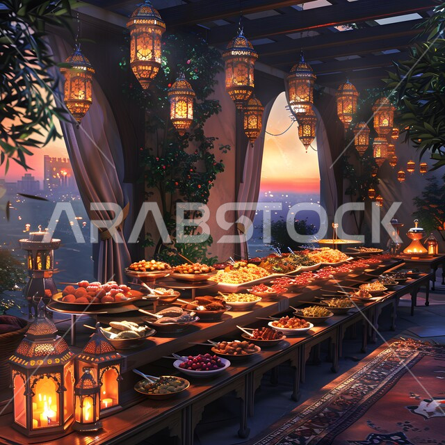 أجواء شهر رمضان المبارك، العزائم والولائم في الأعياد والمناسبات الإسلامية، المقبلات والأطباق والأصناف العربية الشرقية اللذيذة، مائدة طعام مليئة بالوجبات المتنوعة الرمضانية، بوفيه من المأكولات الشعبية التقليدية الشهية