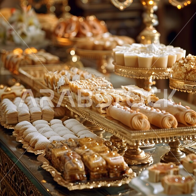 أطباق وأصناف متنوعة من التسالي وقطع الحلوى الشهية، أطعمة ومأكولات مليئة بالسكريات والسعرات الحرارية، فنون تقديم الطعام في مطاعم المملكة العربية السعودية، حلى العيد السعودي بالفستق والمكسرات, ضيافة رمضانية لذيذة من الحلويات العربية الشرقية