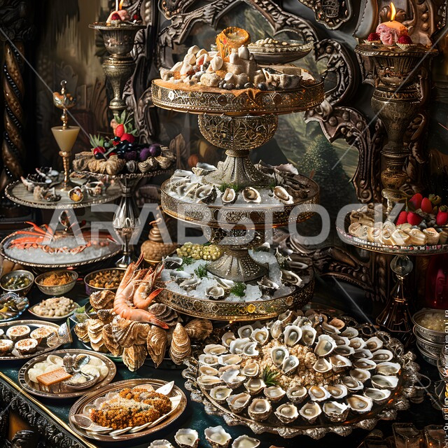 مائدة مزينة مليئة بالأكلات والأصناف المتنوعة, وجبات غذائية صحية غنية بالبروتين, صورة من الأعلى لوليمة من المأكولات البحرية  الأساليب الفنية في تقديم الطعام في رمضان, المقبلات العربية الشرقية اللذيذة, فن تقديم أطباق الطعام