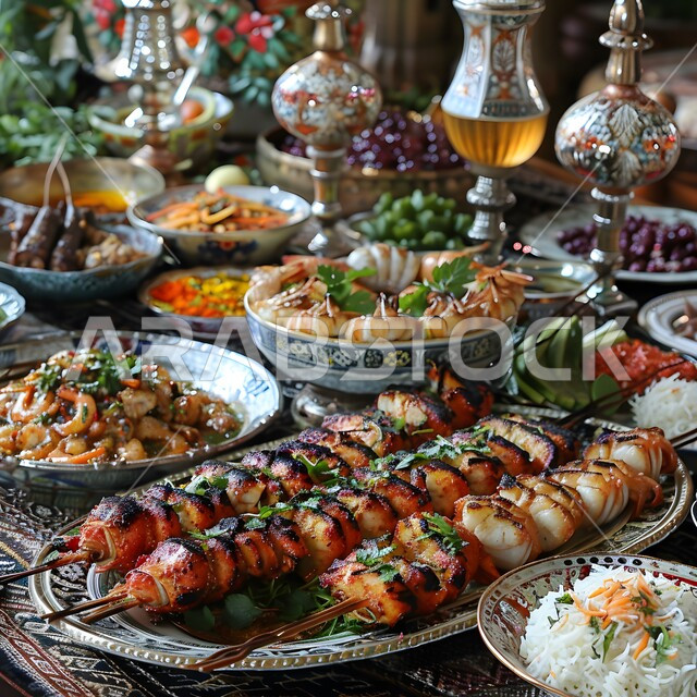 فن التقديم وتحضير الوجبات، وصفات الأطعمة الشرقية، صورة من الأعلى للأطباق الشعبية البحرية وأسياخ المأكولات المشوية المتميزة، المأكولات الشرقية في مطاعم المملكة العربية السعودية، مفهوم ترتيب وتزيين الطعام