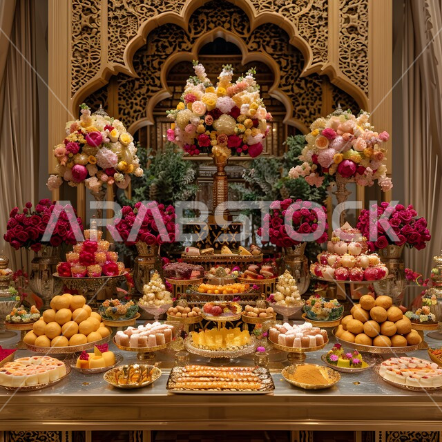 أطباق وأصناف متنوعة من التسالي وقطع الحلوى الشهية، أطعمة ومأكولات مليئة بالسكريات والسعرات الحرارية، فنون تقديم الطعام في مطاعم المملكة العربية السعودية، حلى العيد السعودي بالفستق والمكسرات, ضيافة رمضانية لذيذة من الحلويات العربية الشرقية