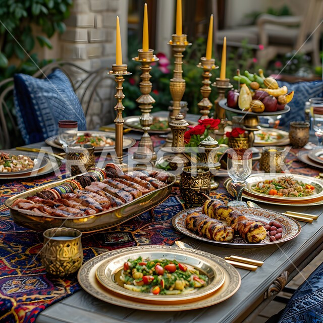 أصناف الأطباق والمقبلات العربية الشرقية اللذيذة، أجواء شهر رمضان المبارك، سفرة من المأكولات الشعبية التقليدية الشهية، المطاعم والمطابخ في المملكة العربية السعودية، طاولة طعام مليئة بالوجبات المتنوعة الرمضانية، العزائم والولائم في الأعياد والمناسبات